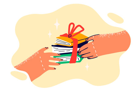 Books with gift ribbon in hands of person symbolize prize to student of school for winning olympiadのイラスト素材