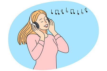 Happy girl listening to music in earphonesのイラスト素材