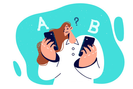 Woman with two mobile phones chooses gadget to buy and doubtfully examines different modelsのイラスト素材
