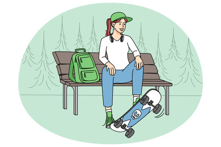 Teen girl with skateboard sitting on benchのイラスト素材