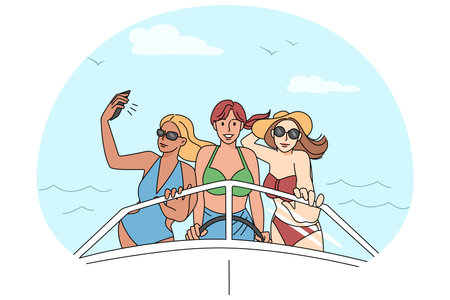 Happy girls in biking on yachtのイラスト素材