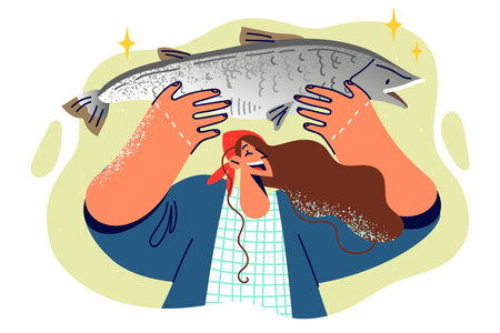 Smiling female fisherman lifts giant fish over head and takes pride in big catch.のイラスト素材