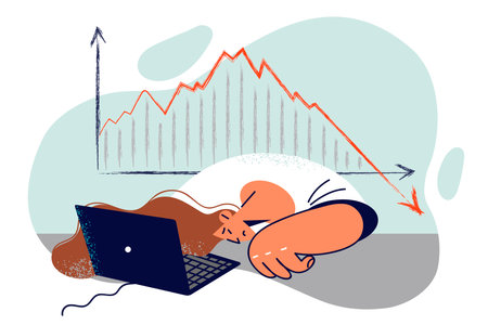 Tired woman put head on table near laptop seeing falling chart, which means beginning of crisisのイラスト素材