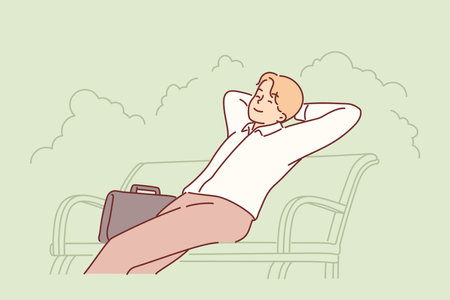 Happy businessman sits on park bench with eyes closed and enjoys outdoor recreationのイラスト素材