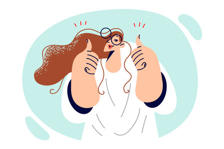 Woman shows thumbs up as sign confirming high quality of your company services or productsのイラスト素材