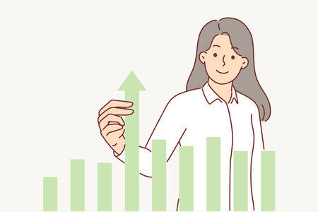 Businesswoman near graph raises indicator with hand for concept of corporate achievementsのイラスト素材