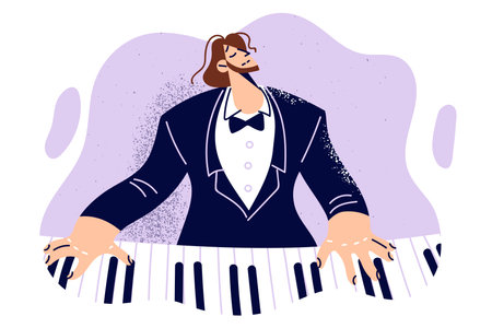 Man plays piano performing classical music on keyboard musical instrument for audience of concertのイラスト素材