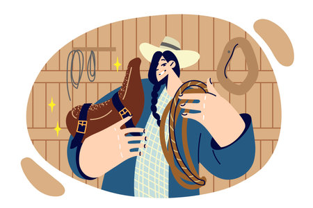 Woman works on ranch with horses and holds rider saddle and rope in hands for training stallionsのイラスト素材