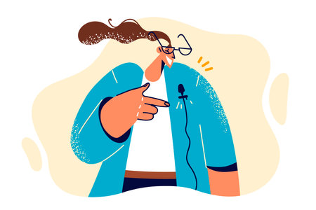 Woman reporter with lavalier microphone on shoulder, smiling recording interviewのイラスト素材