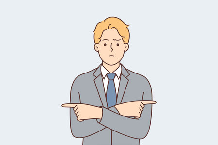 Puzzled business man points fingers in different directions and tries to make difficult decisionのイラスト素材