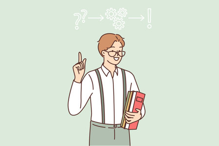 Man inventor invented solution to problem points finger at gears with question and exclamation marksのイラスト素材