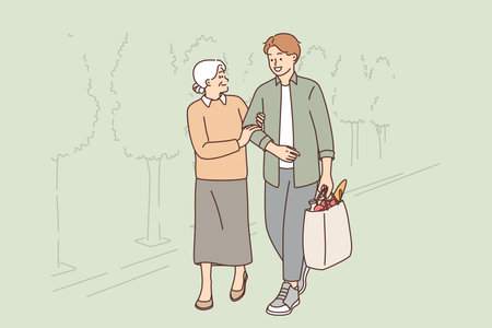 Young man helps old woman to carry heavy bag from grocery store, for concept respect for pensionersのイラスト素材