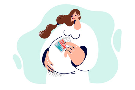 Pregnant woman with pills to support immunity in perinatal period calls for attention to healthのイラスト素材