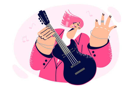 Woman with guitar performs at rock concert, playing compositions of own composition or making coverのイラスト素材