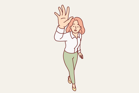 Puzzled woman raises hand up and stretches palm to screen, urging them to stop taking picturesのイラスト素材