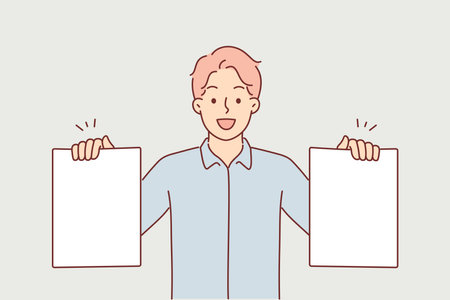 Business man is holding two blank sheets paper offering to make choice or creation plan for companyのイラスト素材