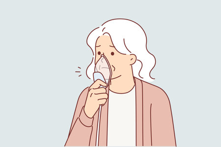 Elderly woman with oxygen mask, stands using medical equipment for artificial ventilation of lungsのイラスト素材