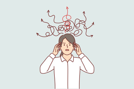 Confused woman with wad arrows above head, feeling chaotic in thoughts and make difficult decisionのイラスト素材