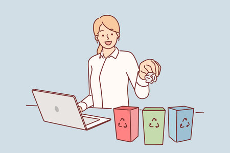 Business woman separates trash for recycling, sitting at table with laptop and miniature trash cansのイラスト素材
