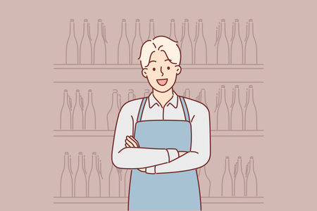 Man works in winery standing with crossed arms near racks filled with bottles of wineのイラスト素材