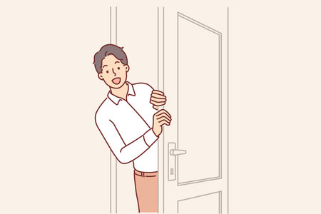 Man opens door and peeks into boss office, asking permission to enter and discuss work mattersのイラスト素材
