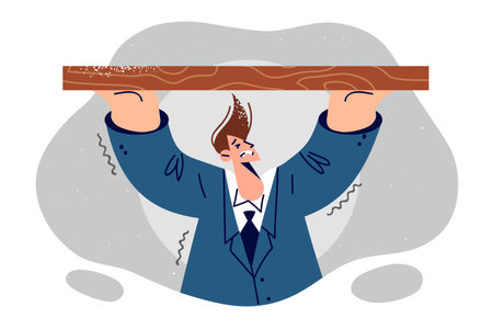 Business man hangs from wooden beam and refuses to give up, showing determinationのイラスト素材