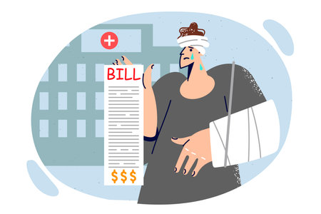 Injured man shows bills for treatment standing outside hospital and is sad about lack of insuranceのイラスト素材
