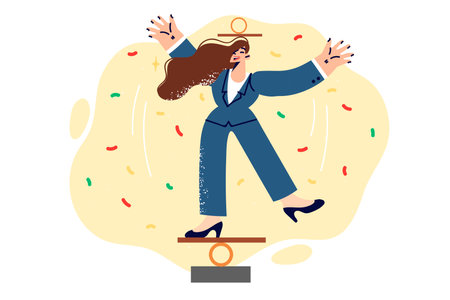 Business woman balances and demonstrates acrobatic circus tricks as metaphor for harmony in careerのイラスト素材