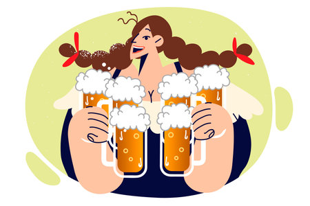 Woman waiter carries mugs filled with foaming beer and smiles, inviting guests to new bar or tavernのイラスト素材
