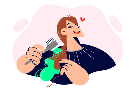 Woman dyes hair herself and holds brush with green paint, wanting to change style and update lookのイラスト素材
