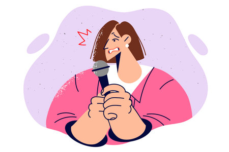 Excited woman TV presenter shyly holds microphone and feels while recording first broadcastのイラスト素材