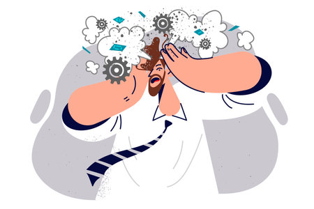 Man engineer feels explosion in head due to overload and burnout at work or own businessのイラスト素材