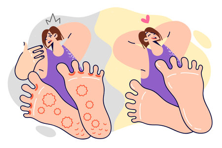 Woman with foot fungus before and after using medicinal ointment or seeing doctorのイラスト素材