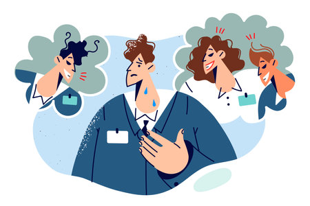 Business man worried about bullying from colleagues criticizing ideas and plans out of envyのイラスト素材