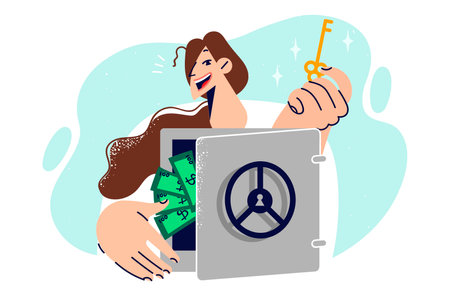 Woman with safe filled with money and demonstrates key to safebox, urging to store cash in safetyのイラスト素材