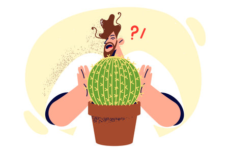 Stupid man touches cactus in flower pot with hands and gets fingers cut due to carelessnessのイラスト素材