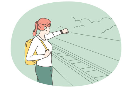 Woman on platform experience train delayのイラスト素材