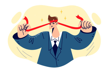 Ambitious business man ties red bandage on head, demonstrating readiness to solve problemsのイラスト素材