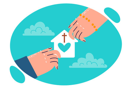 Hands of people with symbol of christian charity in shape of house with heart and catholic crossのイラスト素材