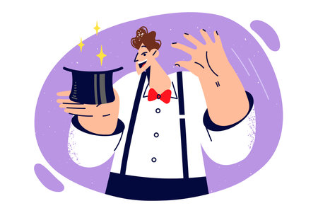 Man magician is holding hat and preparing to demonstrate magic trick pulling rabbit out of headdressのイラスト素材