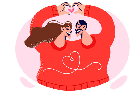 Loving couple of man and woman with one body between them makes heart shape with handsのイラスト素材