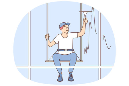 Man hanging on ropes clean building windowのイラスト素材