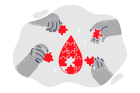 Puzzle in shape of drop of blood with people hands calling attention to international donor dayのイラスト素材