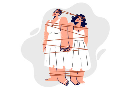 Two women tied with rope demonstrate psychological dependence and lack of personal spaceのイラスト素材