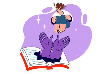 Exciting book with hands monster and woman jumping in textbook, for concept interesting literatureのイラスト素材