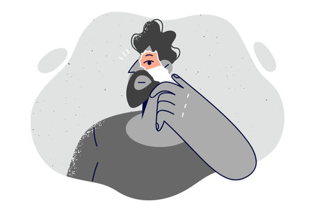 Depressed monochrome man tears paper looking out of hole to free himself from psychological problemsのイラスト素材