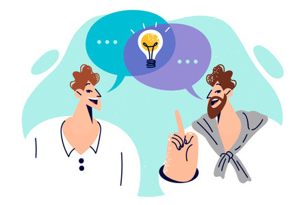 Two men talking, exchanging ideas and brainstorming together before creating joint startupのイラスト素材
