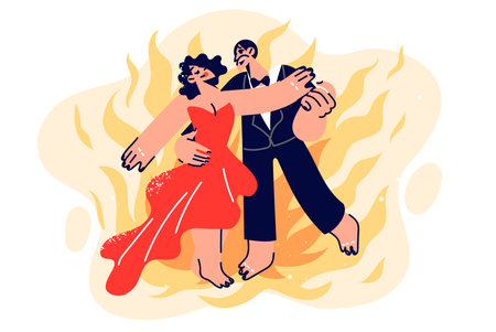 Dancing couple performs passionate salsa dance, dressed in tuxedo and elegant dressのイラスト素材
