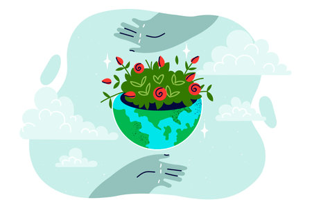 Globe with green plants symbolizing environmental sustainability and stability, near people handsのイラスト素材