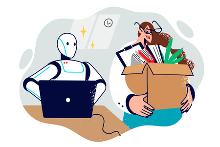 Fired woman became victim of digitalization, holds dismissal box standing near working robotのイラスト素材